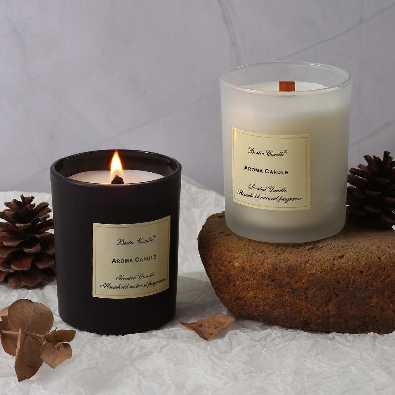 Handmade Wood Core Scented Candle, Soy Wax Frosted Black and White Cup, Fragrance Souvenir
