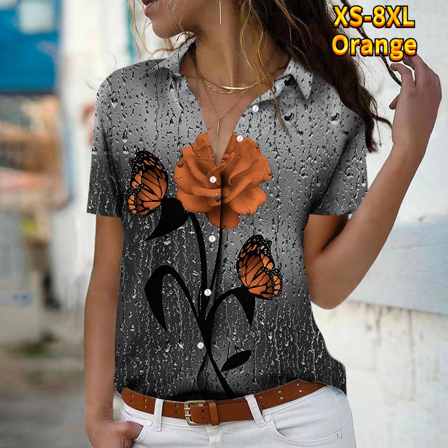 

2025 Summer New Fashion Women s Flower Printed Short Sleeve V-neck Casual Button-down Shirt Top 8XL помаранчевий