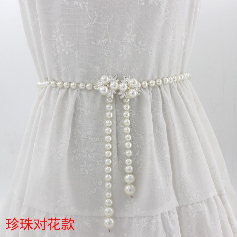 Mei Mary Women's korean style sweet bow dress with pearl waist chain - ladies' fashion decorative slim belt