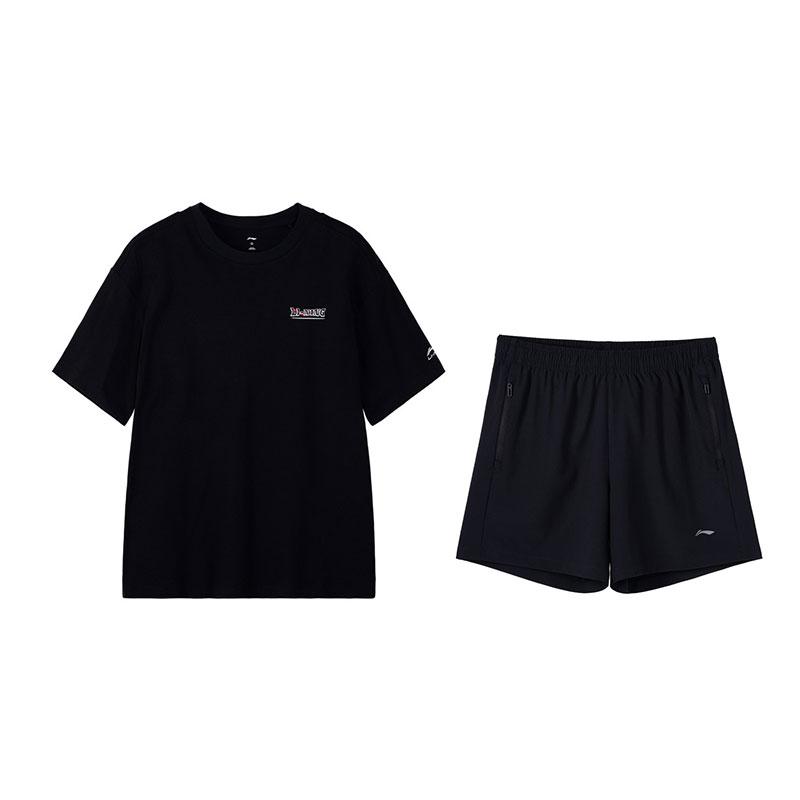 

Li-Ning Fashionable Versatile Cotton Short Sleeve Simple Comfortable Pants Casual Sports Suit Women suit Black W865-2+W518-1 S
