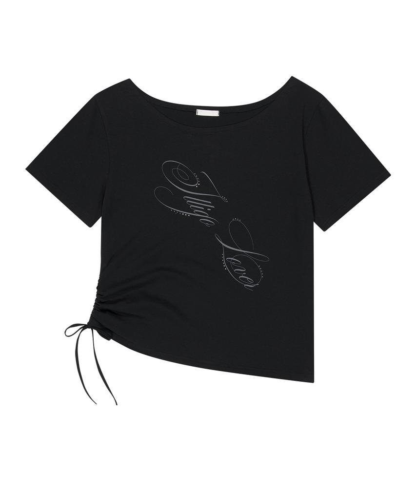 ILLIGO Ribbon String Off-Shoulder T-Shirt Black