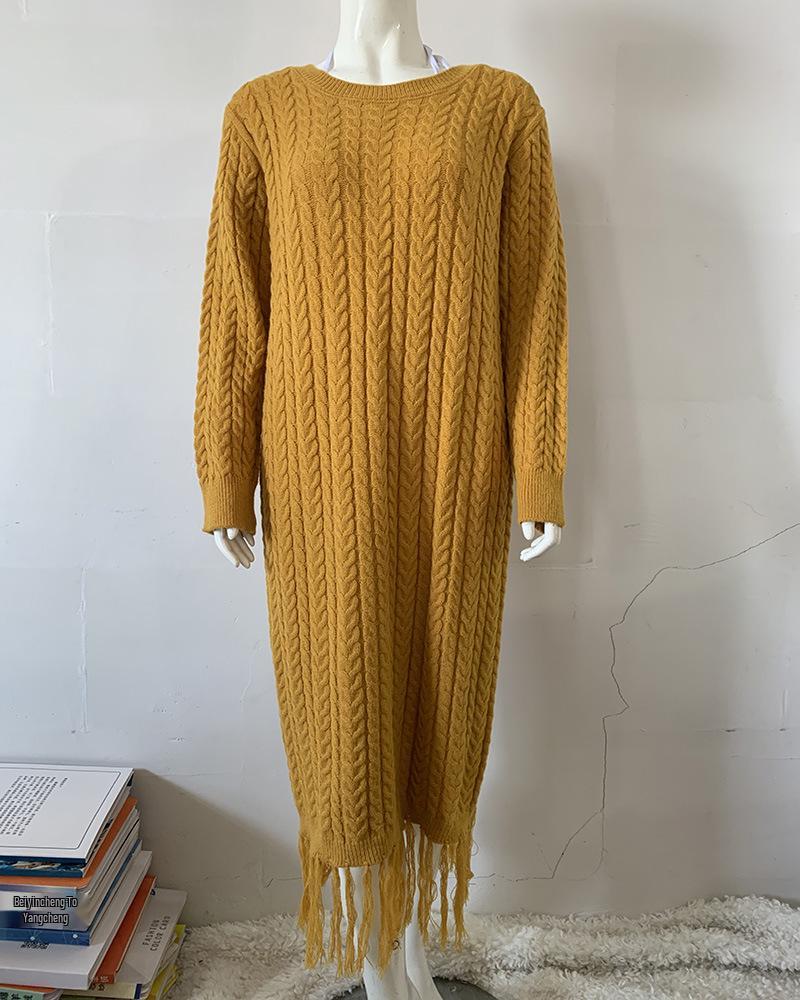 2023 European & American Tassel Cable Knit Sweater Dress for Women - Slim Fit Mid-Length