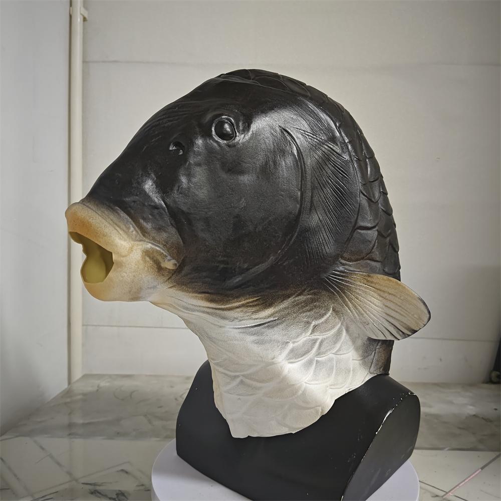Fish Head Mask Funny Animal Black Carp Mask For Halloween Birthday Party Animal Cosplay Head Cover Prank Prop Fish Latex Masks