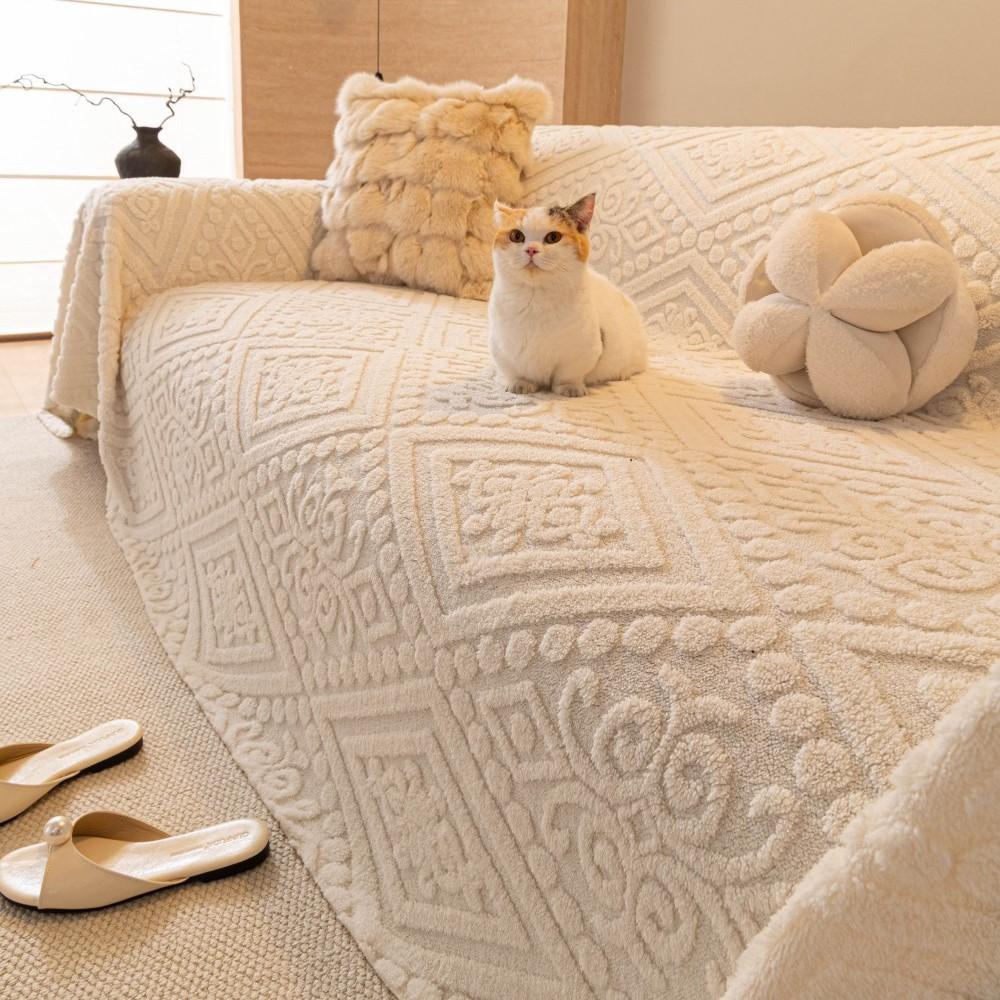 Winter Thicken Fleece Warm Cat Scratch Resistant Mid-Century Style Full Coverage Sofa Throw Cover Cushion Home Decor Mats