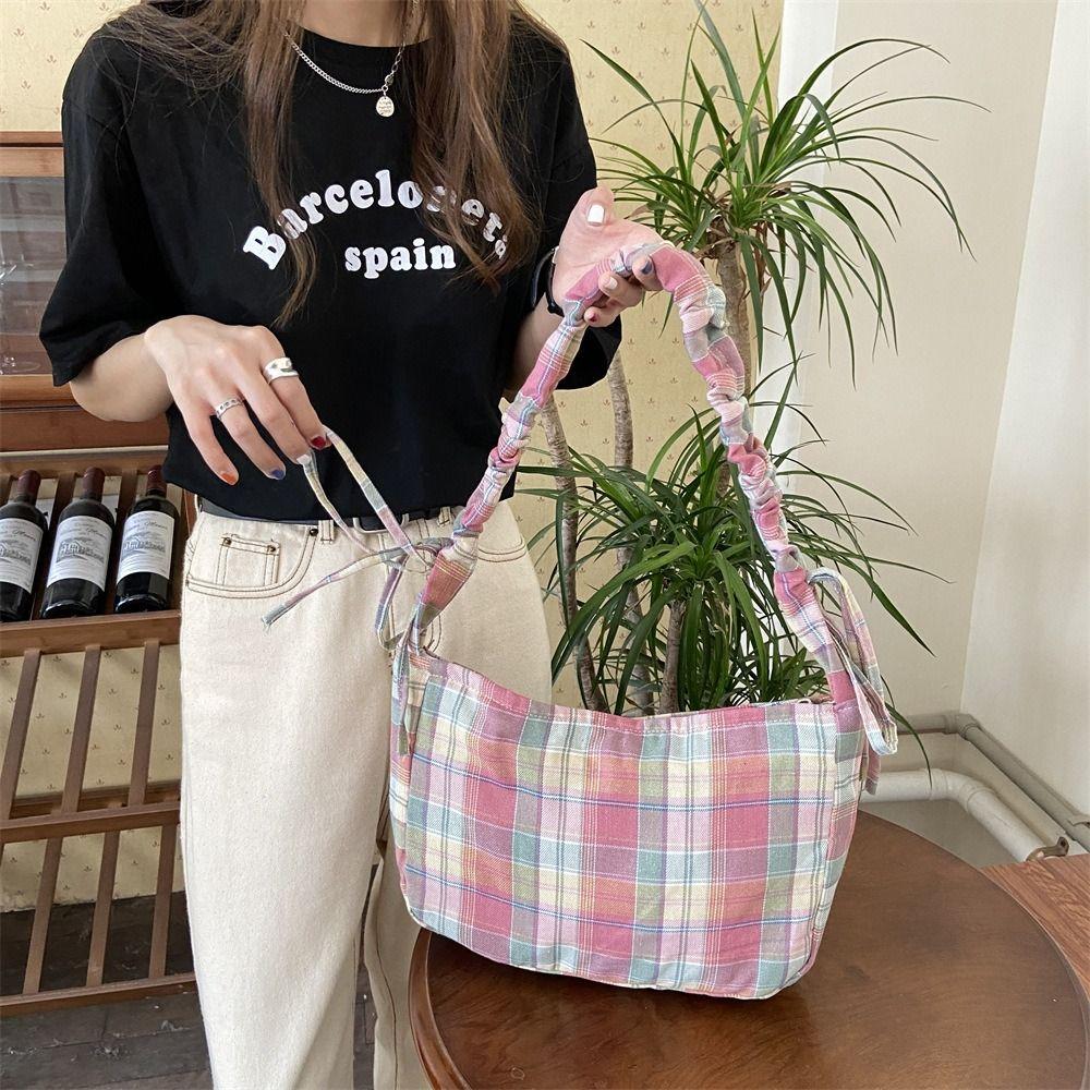 Bow Lattice Tote Bag Large Capacity Women Chic Underarm Bag Portable Pleated Dumpling Bag  Student