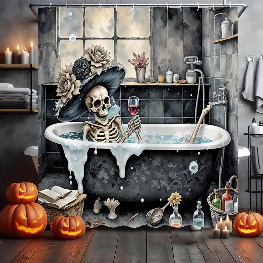 Amusing and Creative Skeleton Skull Shower Curtain Waterproof Bathroom Curtain Funny Scary Halloween Home Decorative Curtain