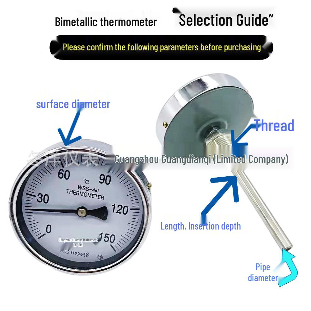 Axial Bimetallic Thermometer Gauge, Stainless Steel, for Industrial Boiler and Pipeline Temperature Measurement (WSS303/401/501).
