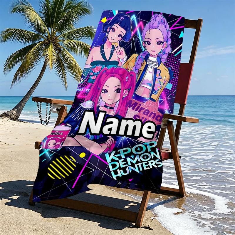 Custom Name Personalized KPop Demon Hunters Print Beach Towel, for Trip Camping Beach Party Home Decor, Birthday Gift for Family & Friends