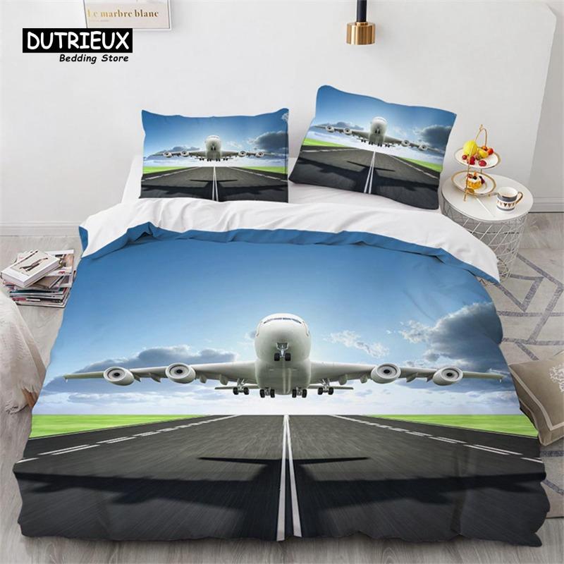 Boys Airplane Duvet Cover King Queen Polyester Aviation Aircraft Runway Bedding Set Sky Scenery Bedspread Cover with Pillowcase Gift