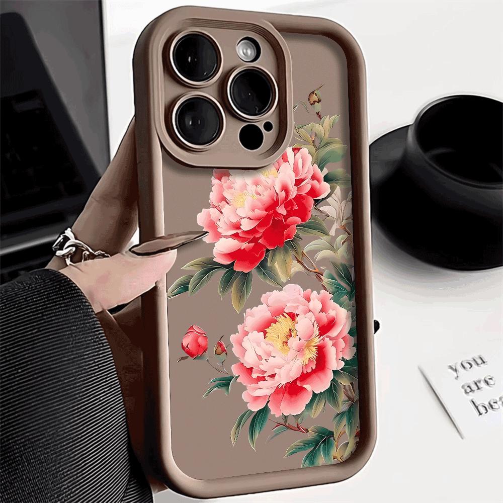 Retro peony Protect Phone Case For iPhone 16 15 Pro Max 14 13 12 11 X XS 15 14 Plus 12 13 Mini Shockproof Trendy soft Cover