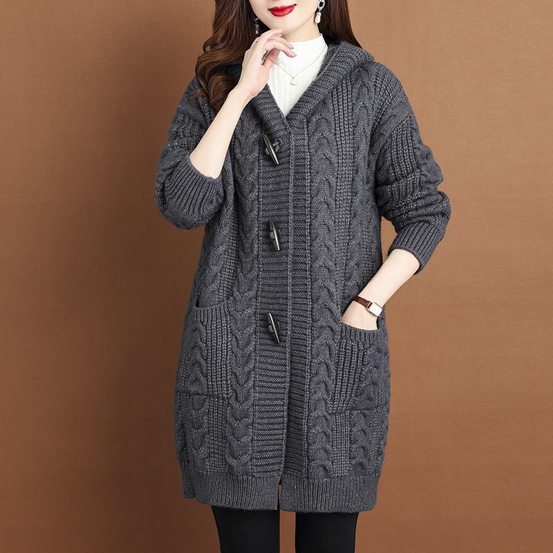 Damen Strickjacke mit langen Ärmeln, Kapuze, elegant, lässig, Pullover-Mantel, einfarbig, verdrehte Textur, Tasche, Winter-Oberbekleidung