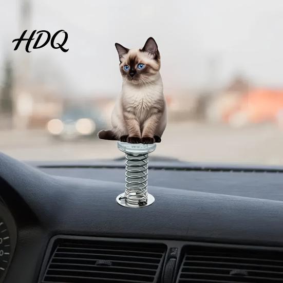 Vivid Kitten Figurines for Car Cute Cat Dashboard Decorations with Spring Swing Design 2D Flat Acrylic Ornaments Stable Self Adhesive Base