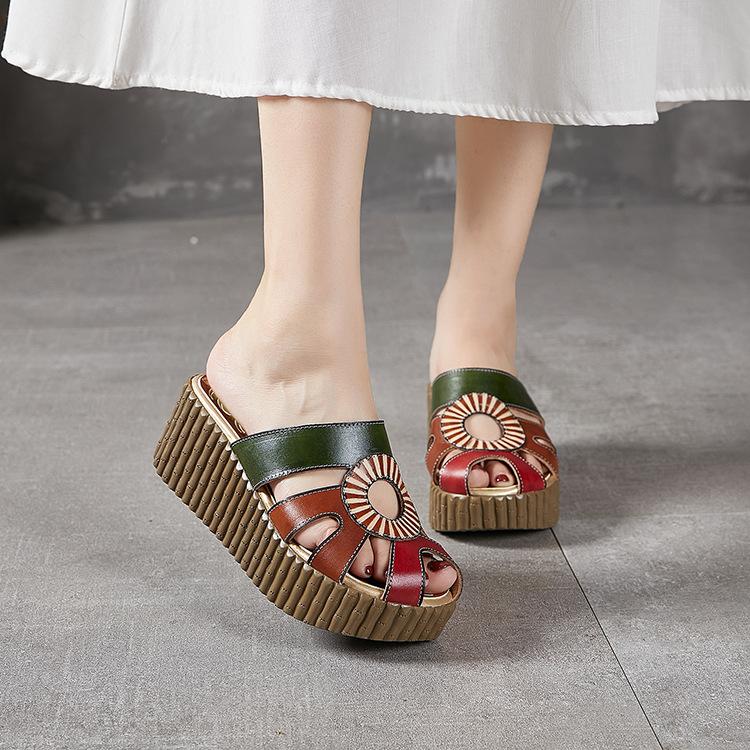 Fashion GKTINOO 2025 Wedge Slides Shoes Women Cover Toes High Heels Flower Sandals Summer Female Genuine Leather Platform Slippers