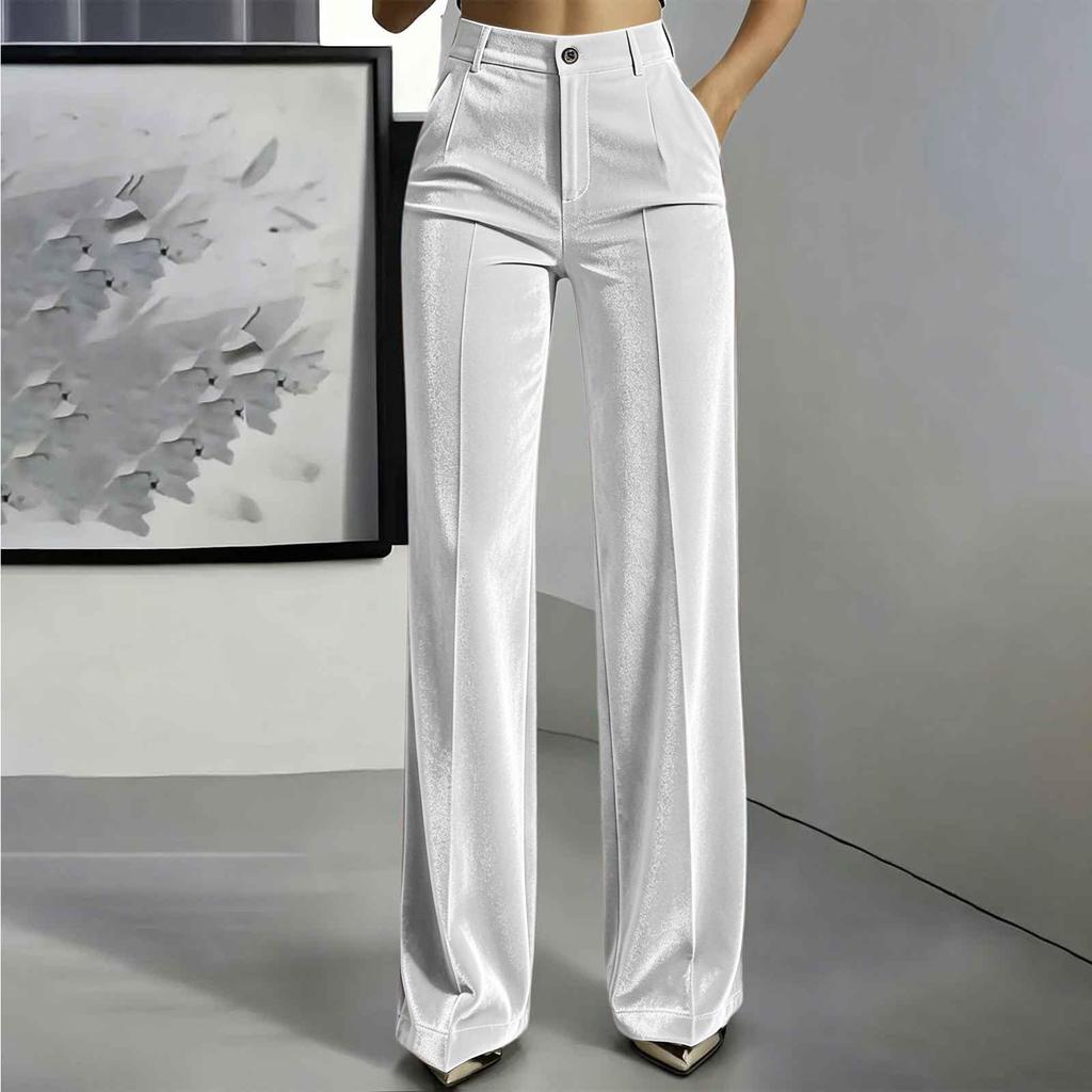 Women's Velvet Straight Leg Casual Pants with Button Closure