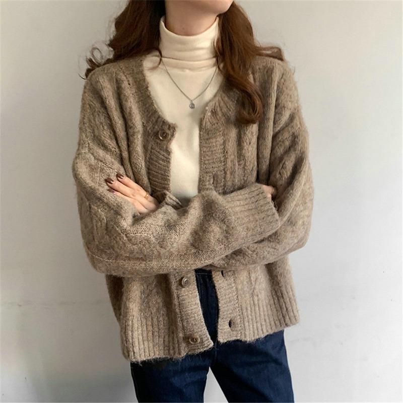 Korean Fashion Twisted Cardigan Sweater Women O Neck Single-breasted New Knitted Office Retro Coats Female Autumn Winter Solid Color Casual Jackets