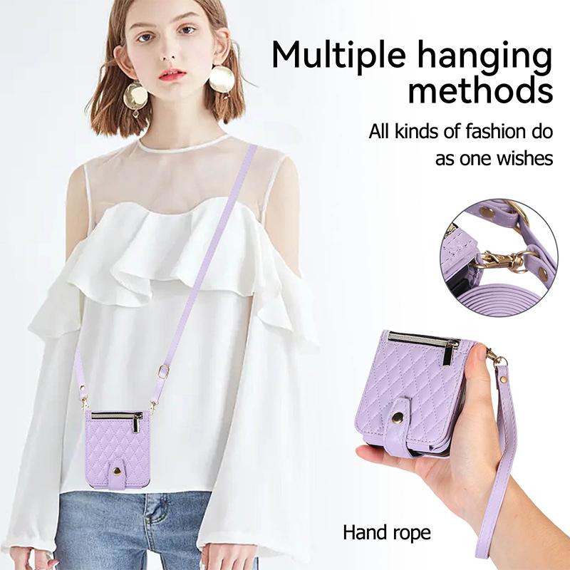 Für Samsung Galaxy Z Flip 5 4 3 5G Fall Leder Tasche Lanyard Crossbody Rhombische Brieftasche Ständer Strap Abdeckung für Samsung Z falten 3 4 5