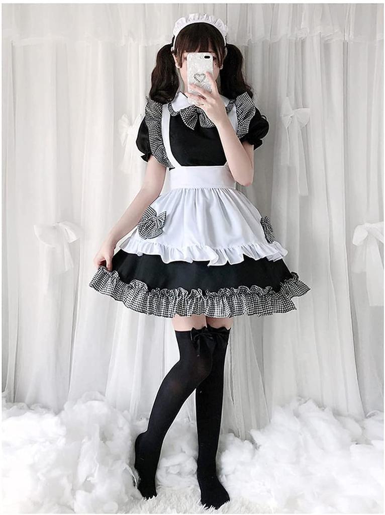 JUNDOMECY Cute Checkered Maid Plus Size Maid Short Black and Photo School Party Costume, High-Quality Set, Small, Cosplay, Sleeves, Ruffles, White,