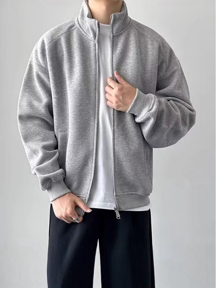 Men's Double Zipper Stand-up Collar Cardigan Hoodie - 2025 Casual Solid Color Outerwear for Spring & Autumn