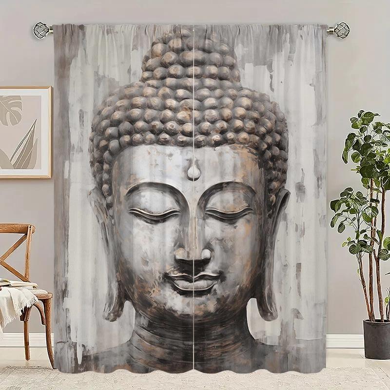 Retro Buddha Kopf/Bedruckte Vorhänge-Polyester-geeignet für Schlafzimmer, Wohnzimmer, Arbeitszimmer private Vorhänge, Verdunkelungsvorhänge