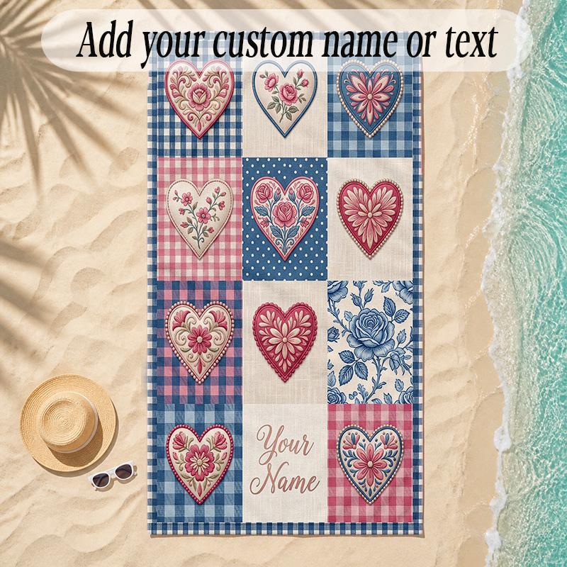 Hearts Theme Soft Beach Towel Personalized Custom Name Text Towel Portable for Beach Pool Travel