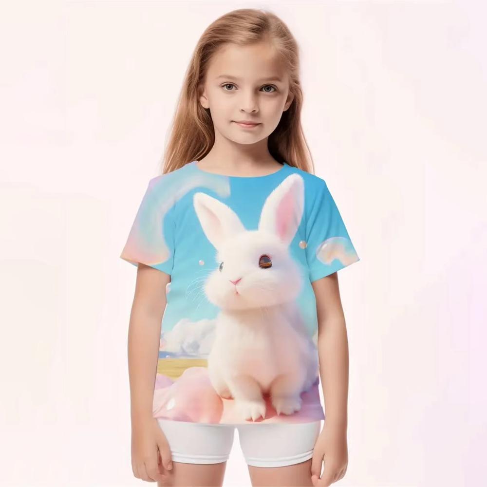 Girl Clothes Cartoon Cute Rabbit 3D Print Funny Animal Lover Boy Girl Short Sleeve tops 4-14Y