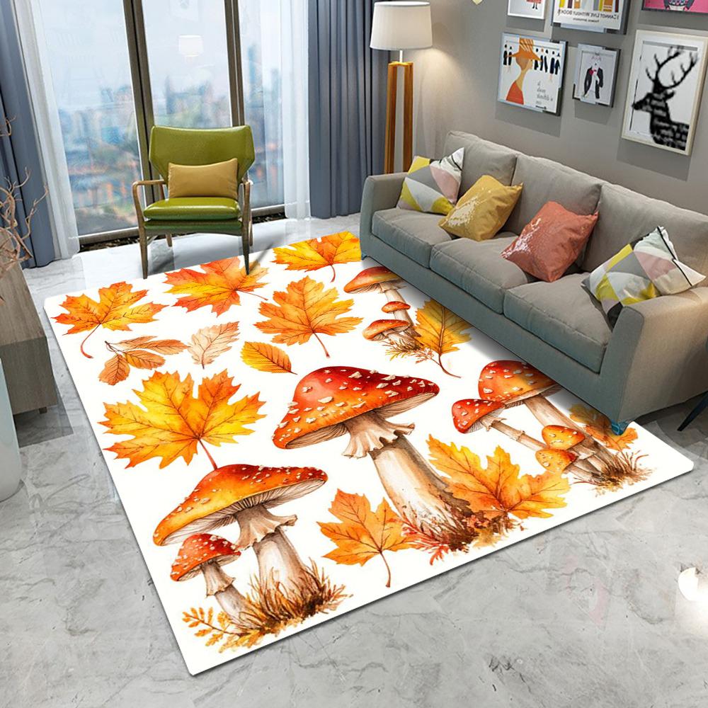 Cartoon Mushroom & Maple Leaves Area Rug – Nature-Inspired Non-Slip Floor Mat for Living Room Bedroom Sofa Entryway Decor