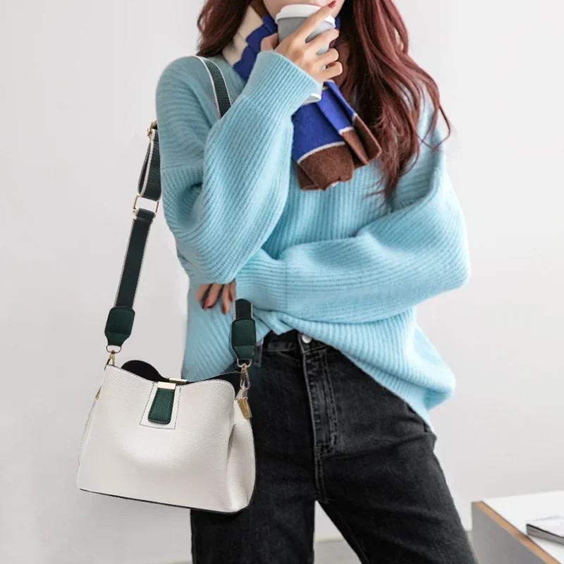 Summer ladies simple casual bucket bag new fashion single shoulder wide strap crossbody large capacity
