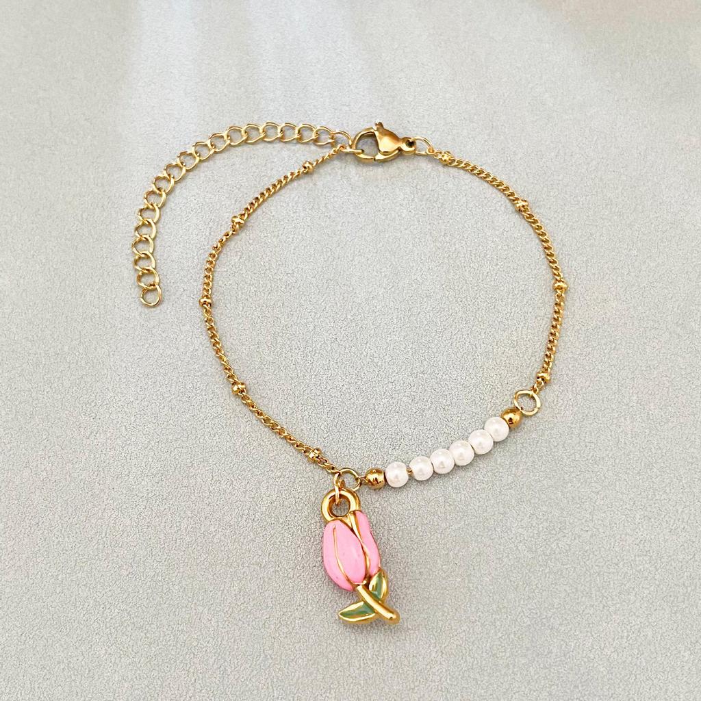 Rose Edelstahl Perlenkette mit floralem Tulpenanhänger für Damen
