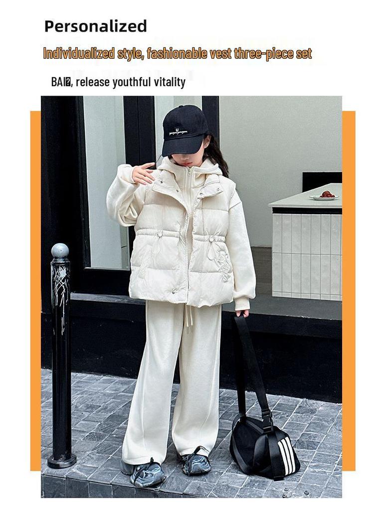 Girls' Fleece-Lined Sweatshirt Three-Piece Set - 2024 Autumn/Winter Trendy Casual Sportswear