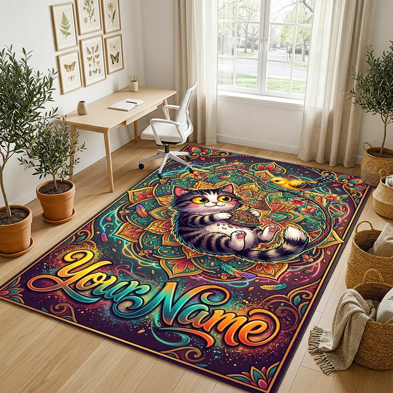 Whimsical Cat Mandala Theme Soft Crystal Velvet Rug Custom Name & Text Print Non Slip Floor Rug for Bedroom Living Room