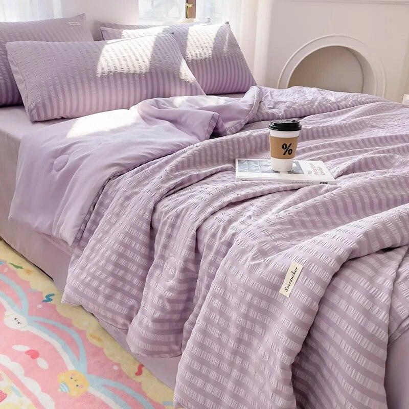 Seersucker Summer Cool Quilt Solid Color Comfortable Naked Sleep Thin Blanket Ice Silk Bedding Queen Quilt Size Blanket Summer