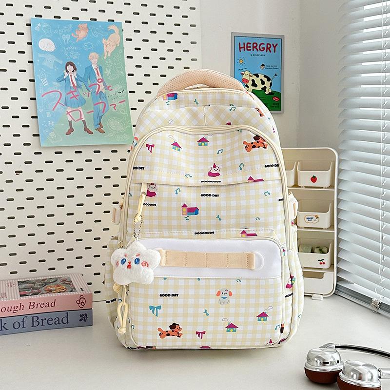 New high-value, fresh and sweet plaid cute cartoon backpack, lightweight backpack for junior high school students