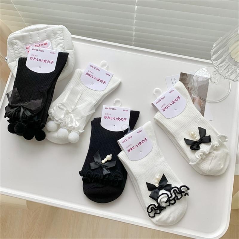 Fashion Harajuku Middle Tube Frilly Socks Women Girls School Student Cute Pearls Bowknot Ruffke Trim Cotton Ankle Socks