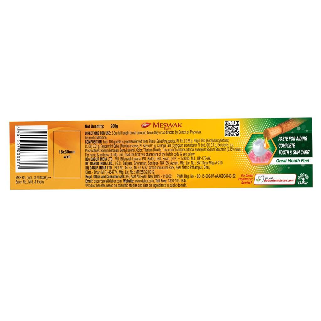 Dabur Meswak Complete Oral Care Toothpaste 200g | Herbal Miswak Extract | Tooth Decay Prevention, Cavity Protection, Stain & Plaque Removal, Gum