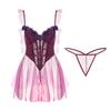 Women's Sheer Mesh Corset Ribbon Backless Cami Lingerie Sleep Dress Set