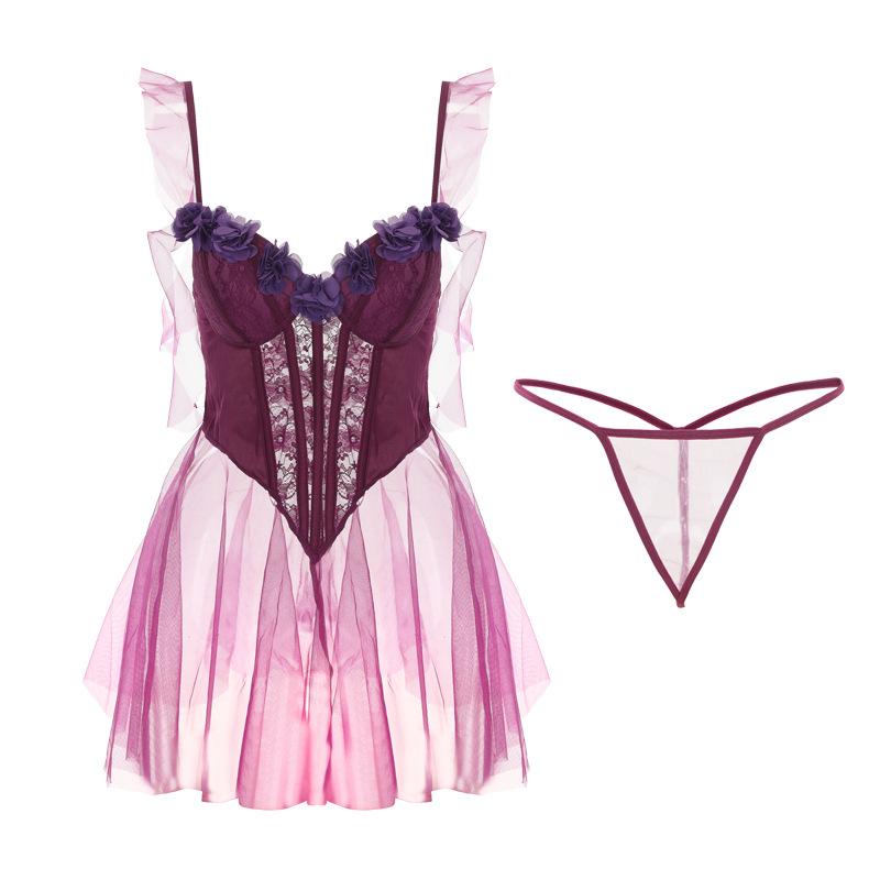Women's Sheer Mesh Corset Ribbon Backless Cami Lingerie Sleep Dress Set
