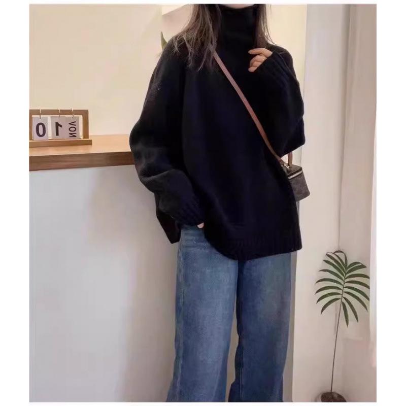 Solid Red Fluffy Knitwear: Women's High Neck Long Sleeve Sweater for Autumn and Winter