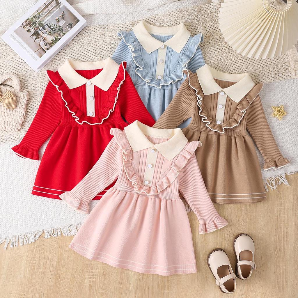 Children's Long Sleeve Knitted Princess Dress with Turn-Down Collar for Spring and Autumn