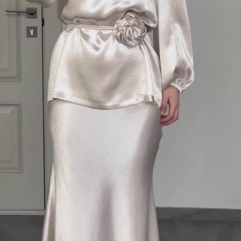 2025 Cross-Border Gratitude Fashion Suit French Elegance Celebrity Temperament Satin Lace-Up Shirt Skirt