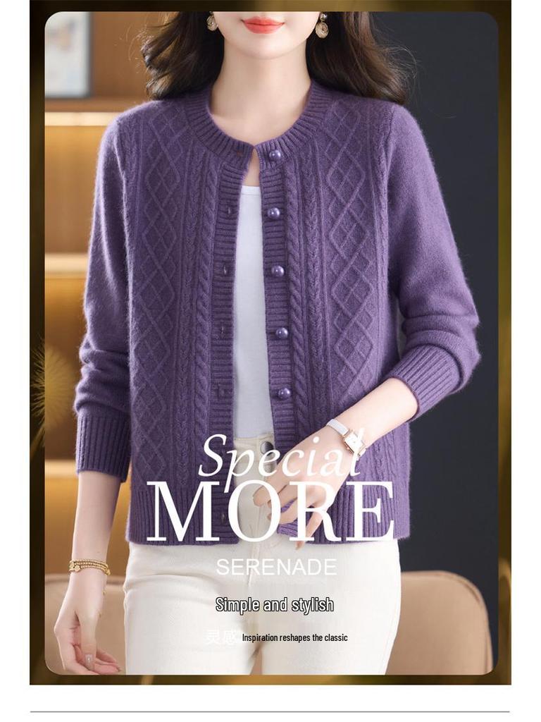 Women's Warm 100% Pure Wool Cardigan: Autumn/Winter Thick Knit Round Neck Sweater for Middle-aged & Elderly Moms