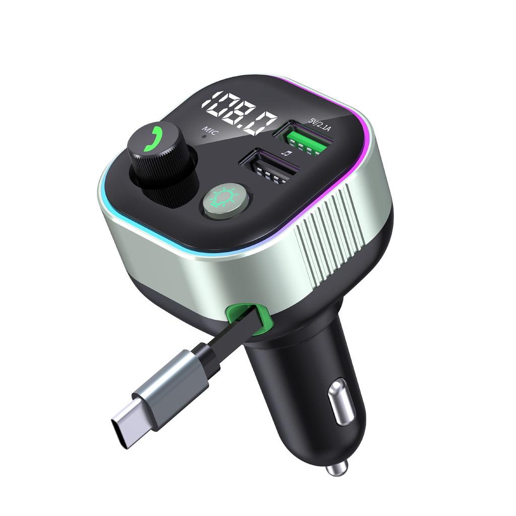 GZ11 65W PD Fast Charging Car Charger with Retractable Type C Cable Voltage Display Bluetooth-Compatible MP3 Player