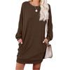Women's Fashionable Long-sleeved Solid-color Round-neck Pocket Dress