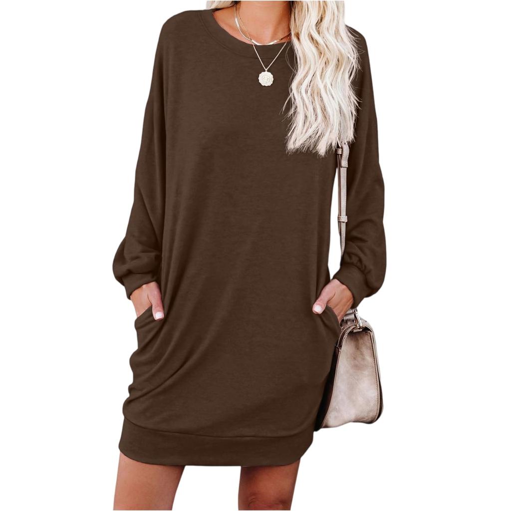 Women's Fashionable Long-sleeved Solid-color Round-neck Pocket Dress