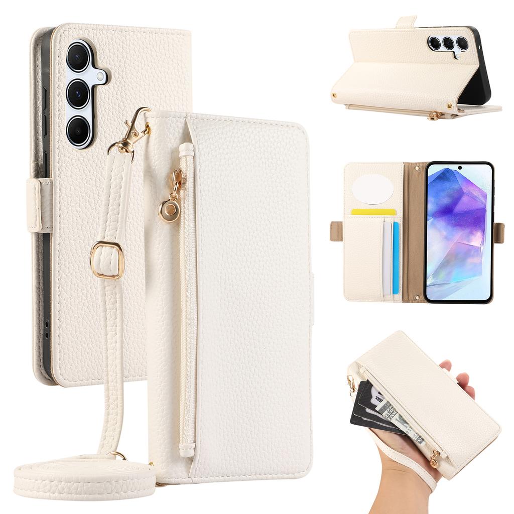 For Samsung Galaxy A55 5G Wallet Phone Case Shockproof TPU+PU Leather Flip Cover with Mirror,Strap