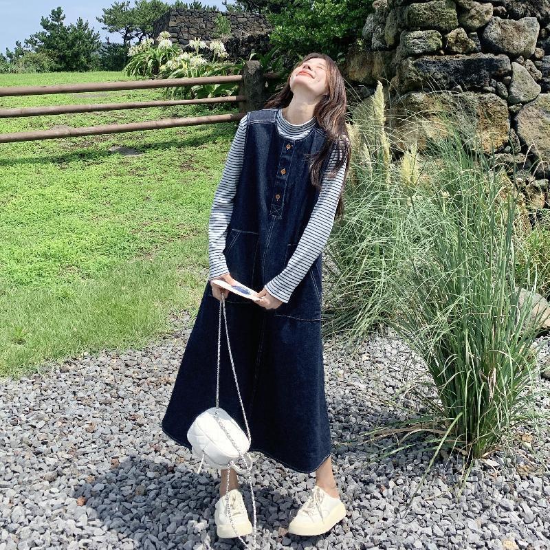 Damen 2025 Herbst Retro Denim Weste & Gestreiftes Top Kleid Set