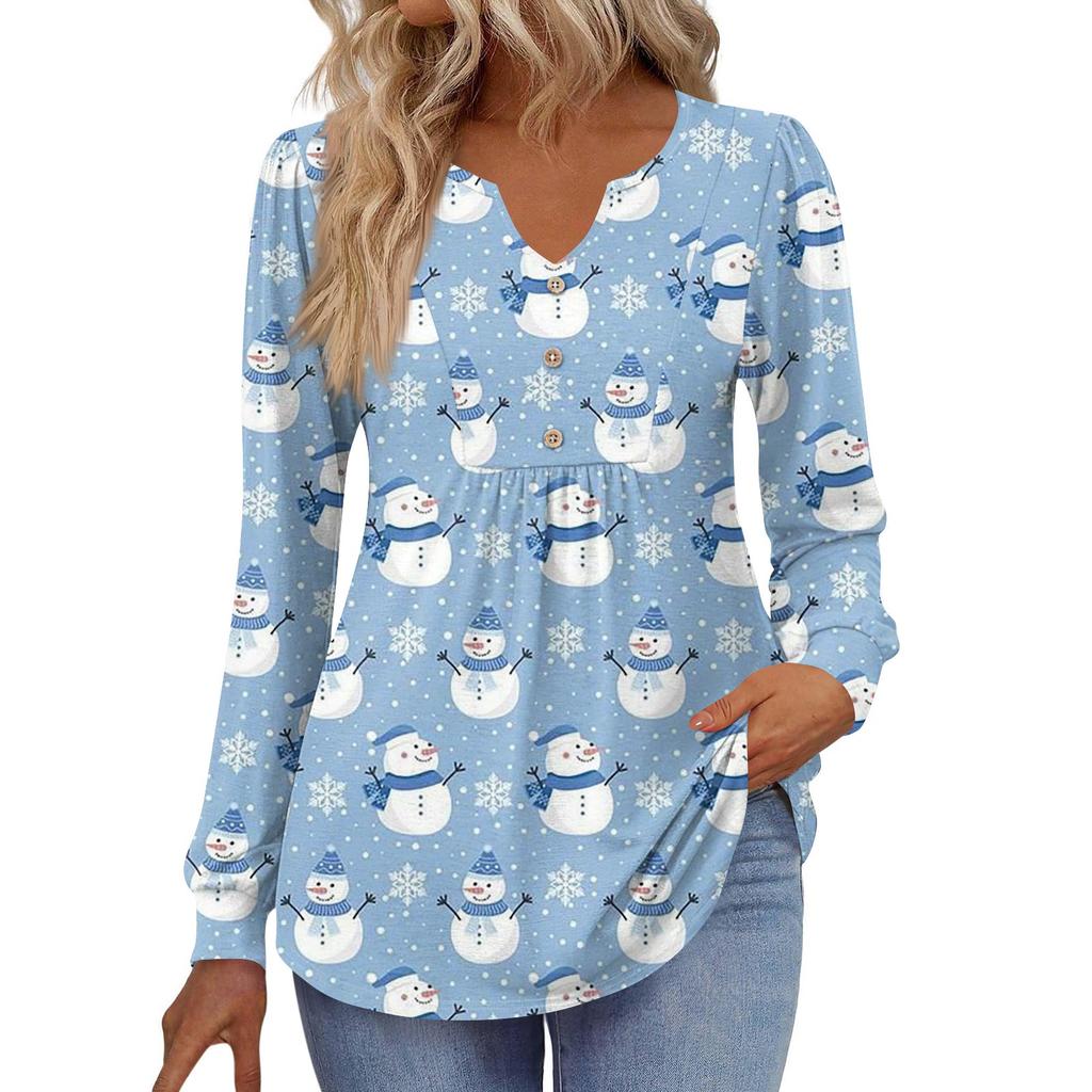 Dámská módní ležérní halenka s výstřihem do V, knoflíky, vánoční potisk, s dlouhým rukávem, pulovr, tričko, top