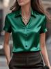 Moda e eleganza femminile in raso europeo e americano, camicia bianca in raso con scollo a V e maniche corte, temperamento da pendolare, vestibilità slim