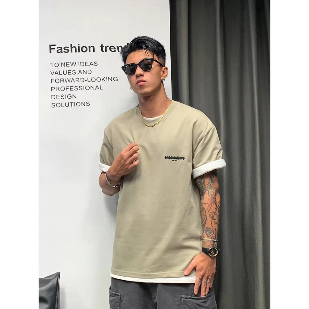 New Front and Back Letter Printed Short Sleeved Men's Summer Trend 100% Pure Cotton High-quality Round Neck Fitness T-shirt