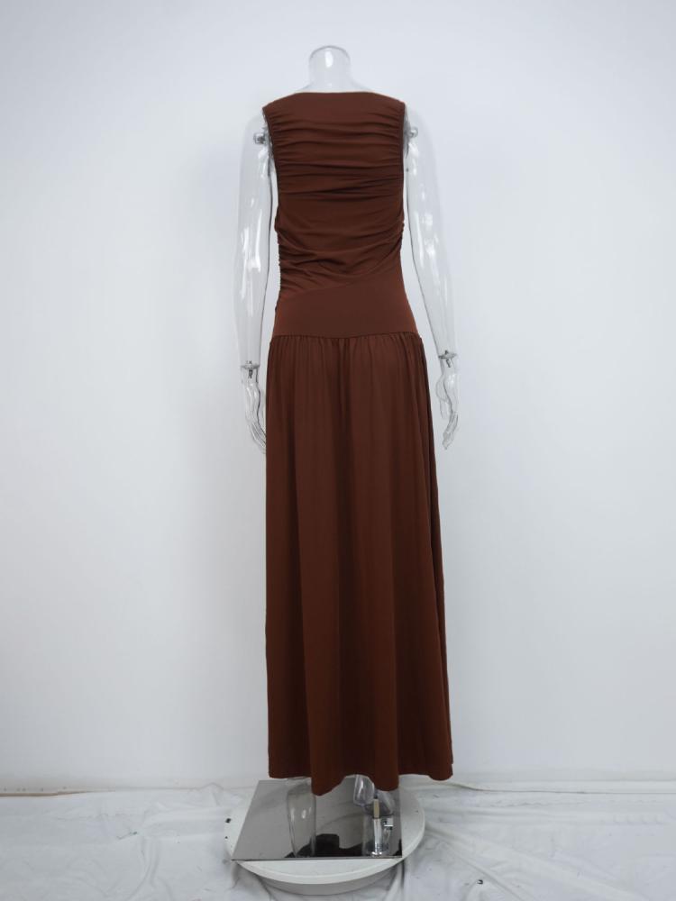 Elegancka sukienka maxi bez rękawów dla kobiet, modna, solidna, z dekoltem w łódkę, sukienki damskie, seksowna, marszczona, długa sukienka, nowa suknia