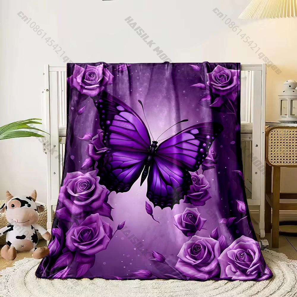 6 Sizes Purple Butterfly and Flower Printed Blanket Warm Soft Home Travel Blanket Sofa Bedding Cover Blankets Gifts for Friends